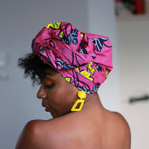 Afrikaanse hoofddoek / Vlisco headwrap - Roze / gele flower trail