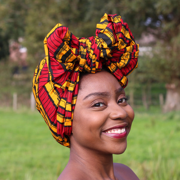 Afrikaanse hoofddoek / Vlisco headwrap - Rood / gele sugar cane