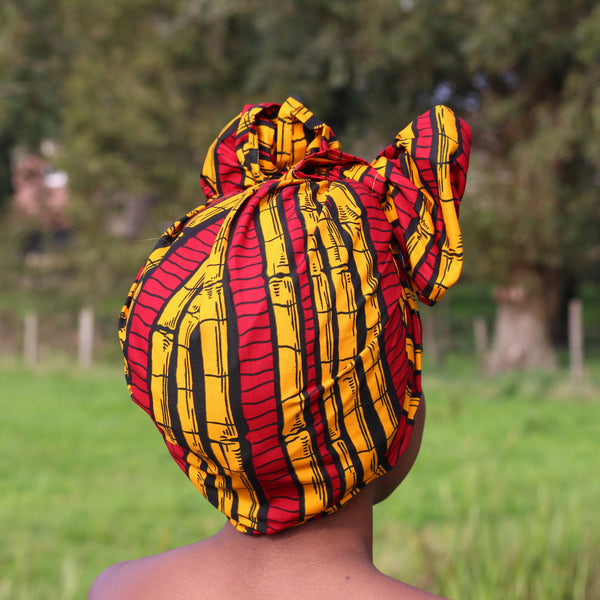 Afrikaanse hoofddoek / Vlisco headwrap - Rood / gele sugar cane