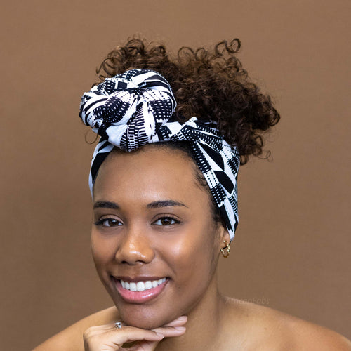 Afrikaanse  Zwart / Witte kente hoofddoek - headwrap