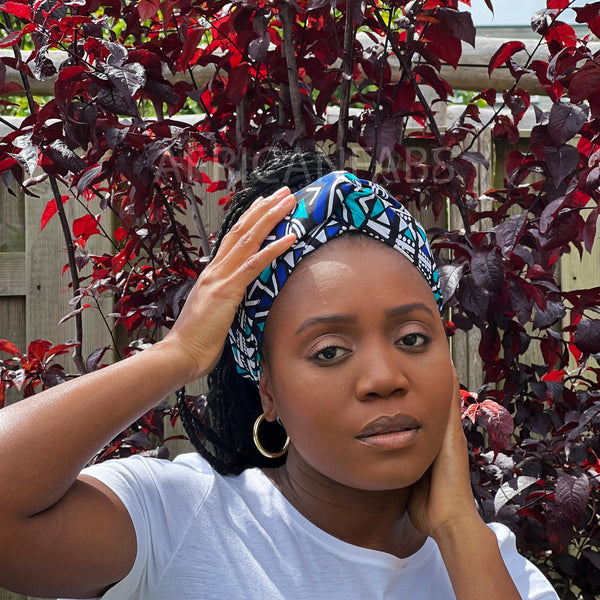 Afrikaanse Blauw / wit bogolan hoofddoek - Mud cloth headwrap