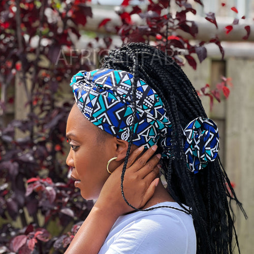 Afrikaanse Blauw / wit bogolan hoofddoek - Mud cloth headwrap