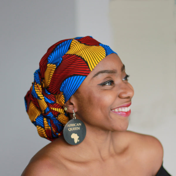 Afrikaanse hoofddoek / Vlisco headwrap - Rood / Blauw / Gele Santana