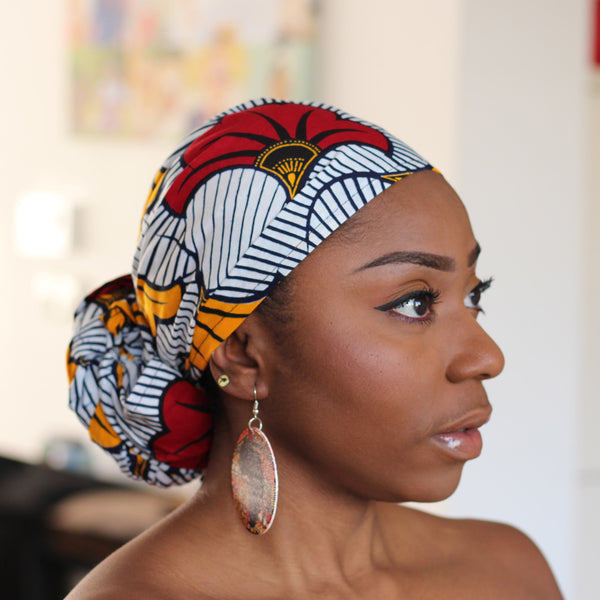 Afrikaanse hoofddoek / Vlisco headwrap - Wit / rode / gele trouwbloemen