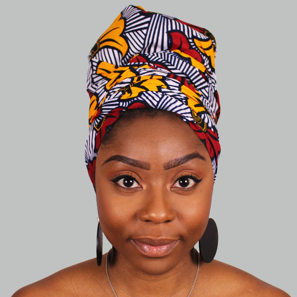 Afrikaanse hoofddoek / Vlisco headwrap - Wit / rode / gele trouwbloemen