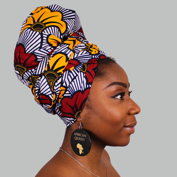 Afrikaanse hoofddoek / Vlisco headwrap - Wit / rode / gele trouwbloemen