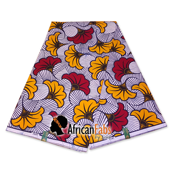 Afrikaanse hoofddoek / Vlisco headwrap - Wit / rode / gele trouwbloemen
