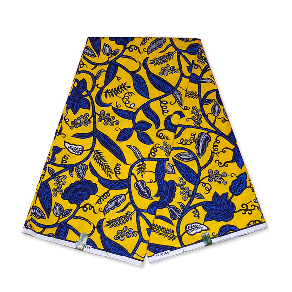 VLISCO stof Hollandais Afrikaanse Wax print - Geel / Blauwe leaftrail