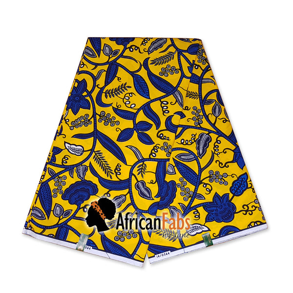 Afrikaanse hoofddoek / Vlisco headwrap - Geel / Blauwe leaftrail