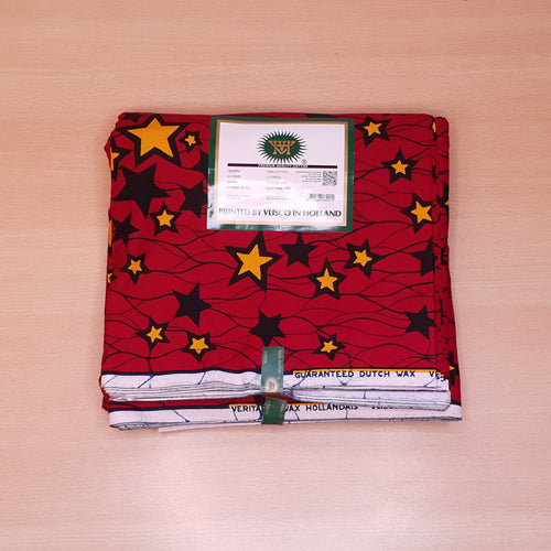 VLISCO stof Hollandais Afrikaanse Wax print - Rood / Gele Stars