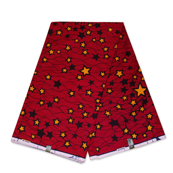 VLISCO stof Hollandais Afrikaanse Wax print - Rood / Gele Stars