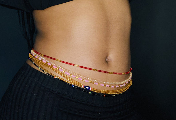 3 in 1 Waist Beads / Afrikaanse Heupketting - IYORE- Blauw / goud (elastisch)
