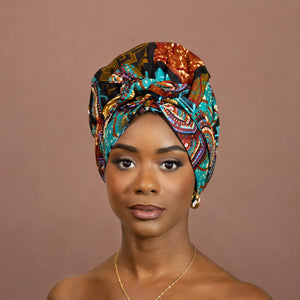 Easy headwrap / hoofddoek - Satijnen binnenkant - Turquoise Multicolor 