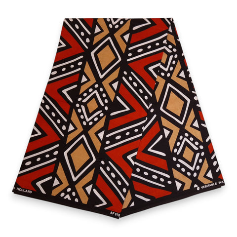 Afrikaanse print stof - Rood en beige Bogolan - 100% katoen