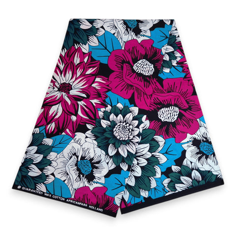 Afrikaanse print stof - Roze en teal Flowers - 100% katoen