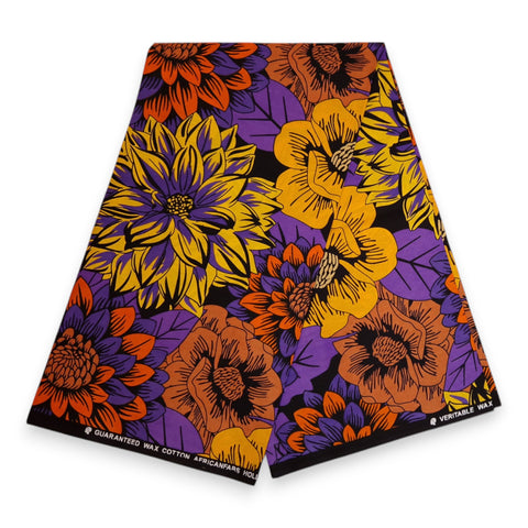 Afrikaanse print stof - Geel en paars Flowers - 100% katoen