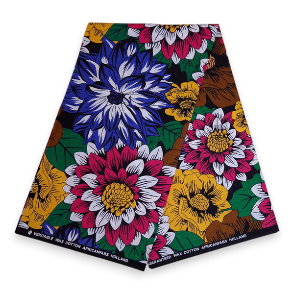 Afrikaanse print stof - Blauw en fuchsia Flowers - 100% katoen