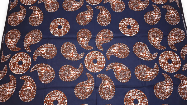 Afrikaanse wax print stof - Blauw Bruin Navy Paisley Sun - 100% katoen