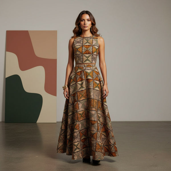 Afrikaanse print stof - Oranje en olijfgroen African Prism - 100% katoen