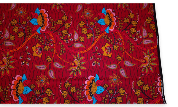 Afrikaanse print stof - Donkerrood en geel Botanical Flow - 100% katoen