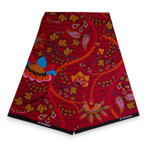 Afrikaanse print stof - Donkerrood en geel Botanical Flow - 100% katoen