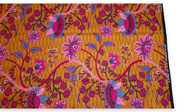 Afrikaanse print stof - Mosterd en roze Botanical Flow - 100% katoen