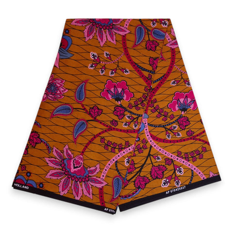 Afrikaanse print stof - Mosterd en roze Botanical Flow - 100% katoen