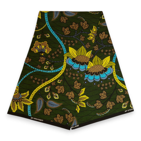 Afrikaanse print stof - Donkergroen en geel Botanical Flow - 100% katoen