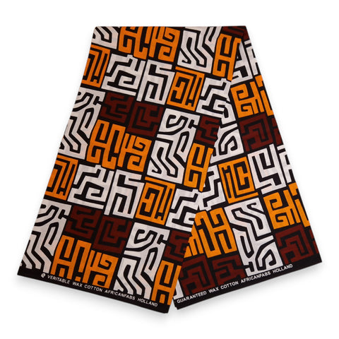 Afrikaanse print stof - Bruin en geel-oranje Kuba Blocks Congo - 100% katoen
