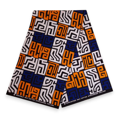 Afrikaanse print stof - Blauw en geel-oranje Kuba Blocks Congo - 100% katoen