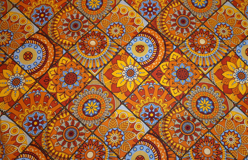 Afrikaanse print stof - Oranje en lichtblauw Mandala Patchwork - 100% katoen