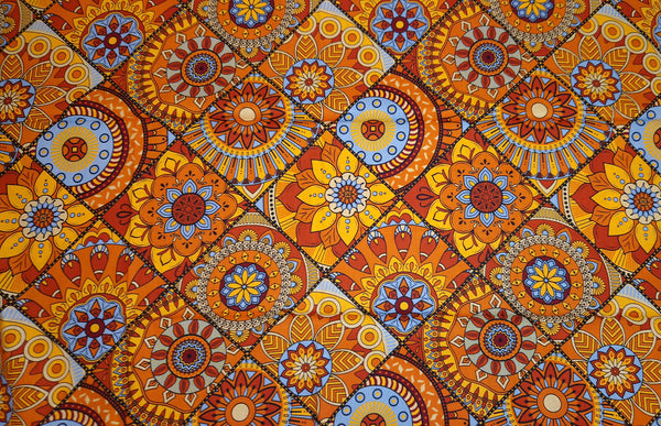Afrikaanse print stof - Oranje en lichtblauw Mandala Patchwork - 100% katoen