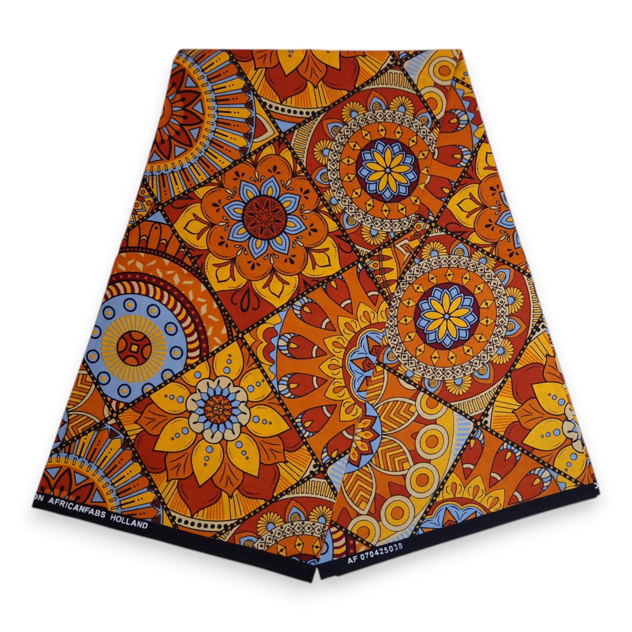 Afrikaanse print stof - Oranje en lichtblauw Mandala Patchwork - 100% katoen
