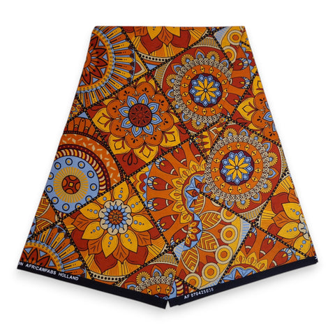 Afrikaanse print stof - Oranje en lichtblauw Mandala Patchwork - 100% katoen