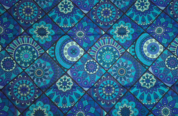 Afrikaanse print stof - Blauw en turquoise Mandala Patchwork - 100% katoen