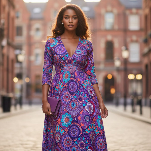 Afrikaanse print stof - Paars en lichtblauw Mandala Patchwork - 100% katoen