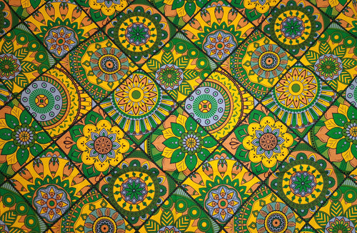 Afrikaanse print stof - Groen en geel Mandala Patchwork - 100% katoen