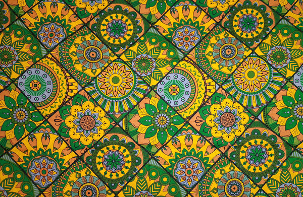 Afrikaanse print stof - Groen en geel Mandala Patchwork - 100% katoen