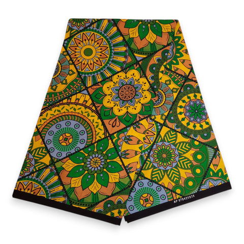 Afrikaanse print stof - Groen en geel Mandala Patchwork - 100% katoen