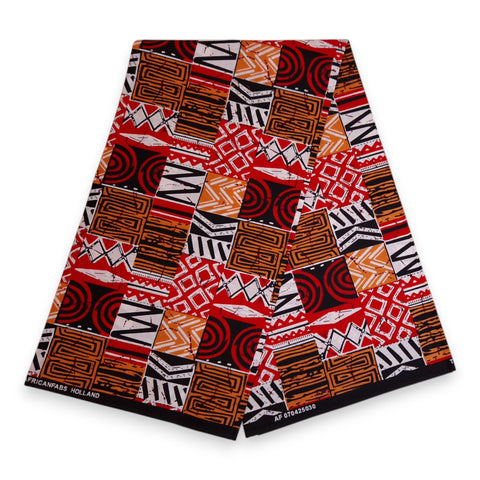 Afrikaanse print stof - Rood Bogolan Mosaic - 100% katoen