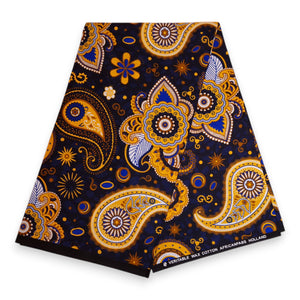 Afrikaanse print stof - Donkerblauw Geel Paisley - 100% katoen