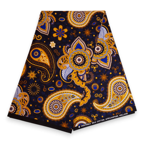 Afrikaanse print stof - Donkerblauw Geel Paisley - 100% katoen