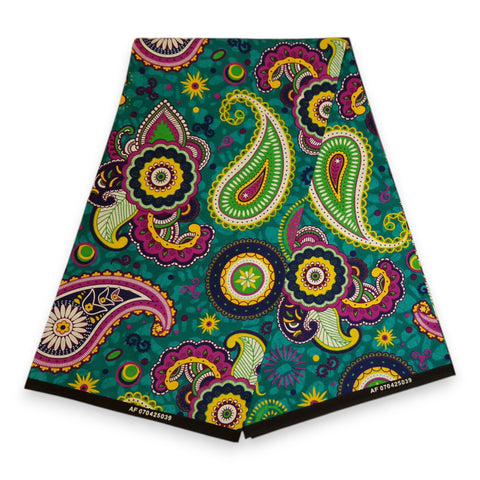 Afrikaanse print stof - Turquoise Paars Paisley - 100% katoen