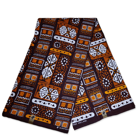 Afrikaanse print stof - Bruine patronen Bogolan / Mud cloth - 100% katoen