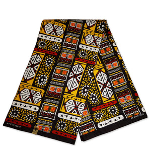Afrikaanse print stof - Rood Gele Bogolan / Mud cloth - 100% katoen