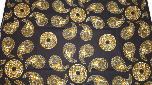 Afrikaanse wax print stof - Zwart Olijfgroen Paisley Sun - 100% katoen