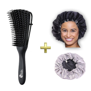 Afabs® Zwarte Anti-klit Haarborstel +  Zwarte satijnen slaapmuts | Detangler brush | Detangling brush | Satin cap / Hair bonnet / Satijnen nachtmuts / Satin bonnet | Kam voor Krullen | Kroes haar borstel