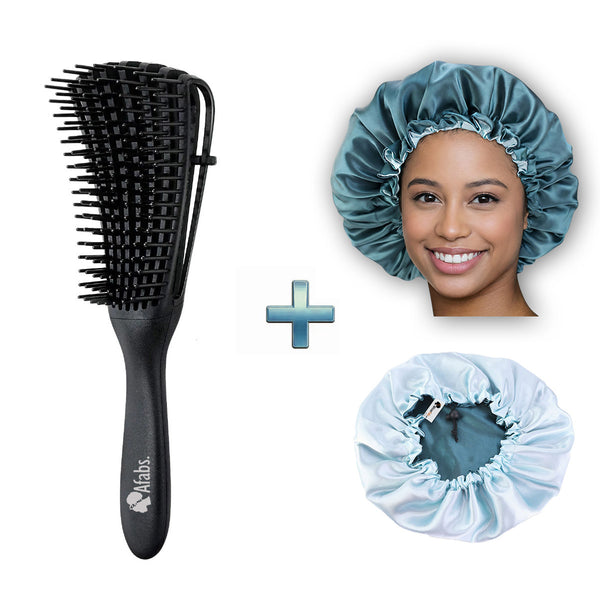 Afabs® Zwarte Anti-klit Haarborstel +  Groene satijnen slaapmuts | Detangler brush | Detangling brush | Satin cap / Hair bonnet / Satijnen nachtmuts / Satin bonnet | Kam voor Krullen | Kroes haar borstel