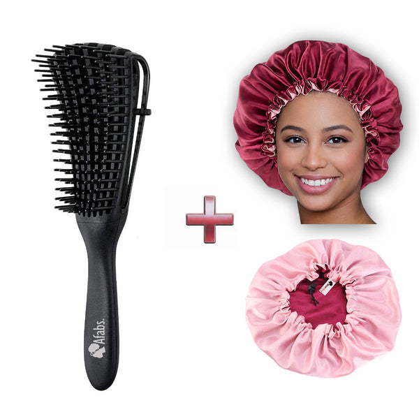 Afabs® Zwarte Anti-klit Haarborstel + Rode satijnen slaapmuts | Detangler brush | Detangling brush | Satin cap / Hair bonnet / Satijnen nachtmuts / Satin bonnet | Kam voor Krullen | Kroes haar borstel