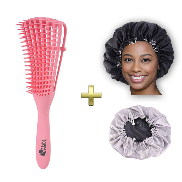 Afabs® Roze Anti-klit Haarborstel + Zwarte satijnen slaapmuts | Detangler brush | Detangling brush | Satin cap / Hair bonnet / Satijnen nachtmuts / Satin bonnet | Kam voor Krullen | Kroes haar borstel